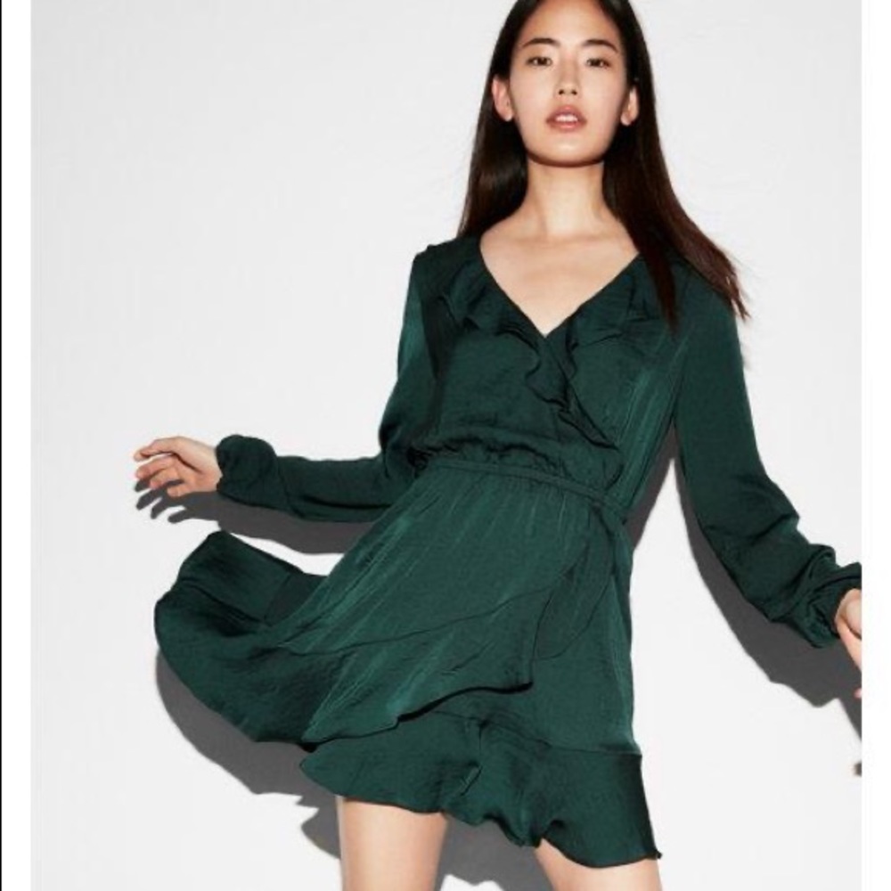 Express Green Satin Ruffle Dress